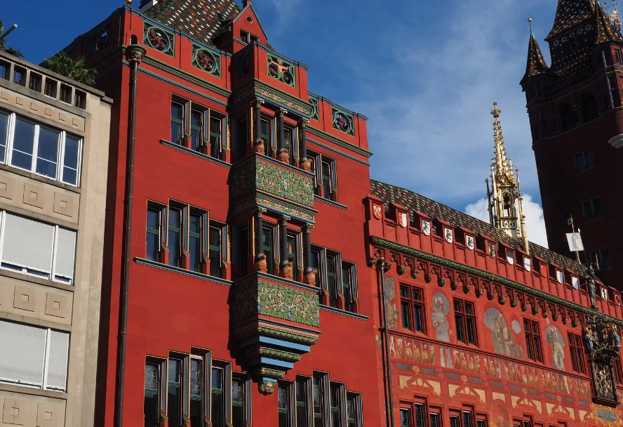 The red façade of Basel town hall on the Marktplatz