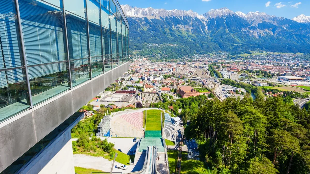 View from the Bergisel tower over the ski jump and the city to the mountains
