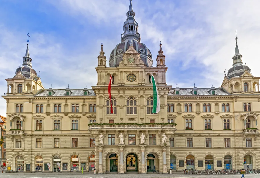 The Graz town hall with its domed tower above the Hauptplatz