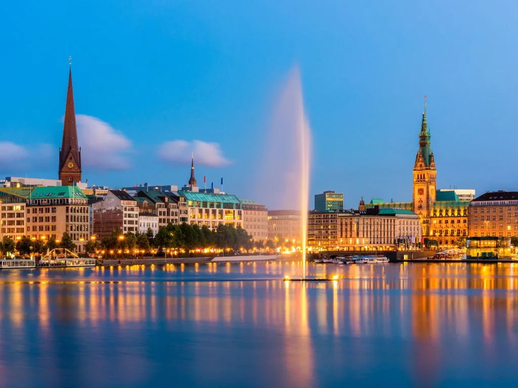 The Hamburg harbour panorama with the lit Elbphilharmonie at dusk