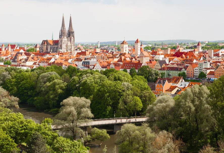 Blick über die Regensburger Altstadt mit Dom und Donau, im Vordergrund Baumkronen