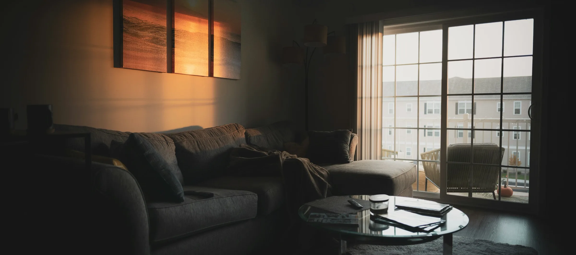 A living room in late light