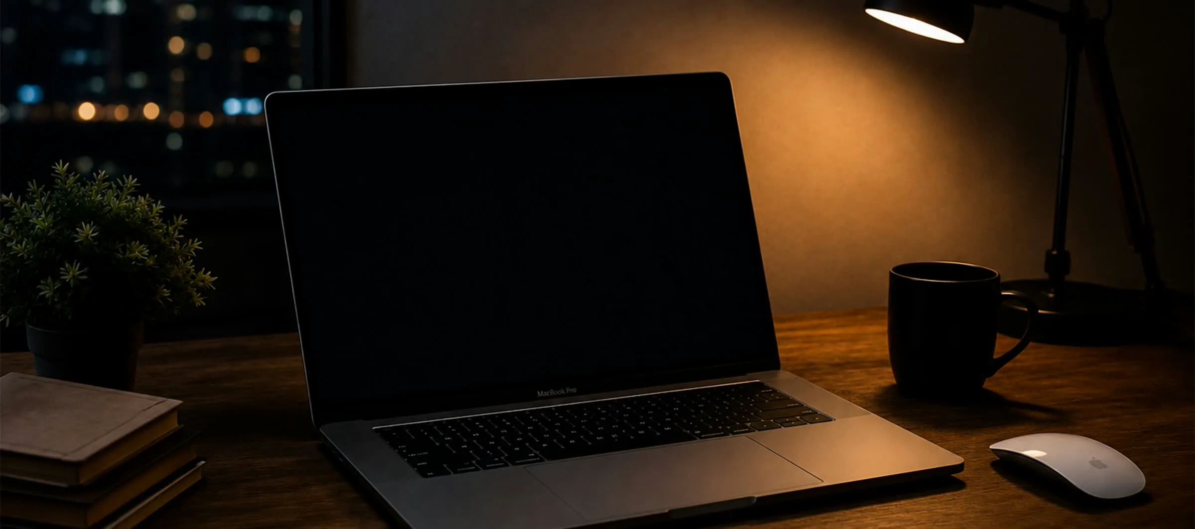 A laptop on a desk in warm lamplight, city lights at night behind it